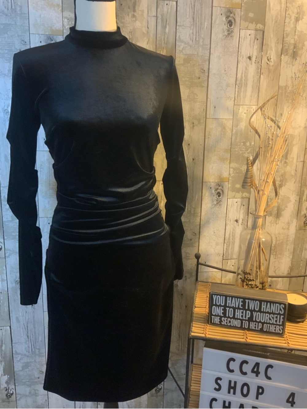 Black Velvet Long-Sleeve Ruched Waist Dress